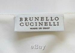 Brunello Cucinelli White Cotton Long Sleeves Silver Beaded Front Top Size XL