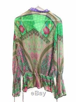 CAMILLA FRANKS BLOUSE TOP Green Blue Pink Beaded Long Sleeve Lace Up Silk RARE