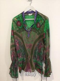 CAMILLA FRANKS BLOUSE TOP Green Blue Pink Beaded Long Sleeve Lace Up Silk RARE