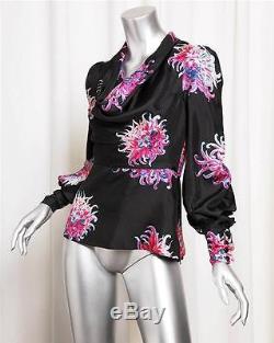 CAROLINA HERRERA Black Silk Floral Cowl Neck Long-Sleeve Peplum Top Blouse 2 NEW