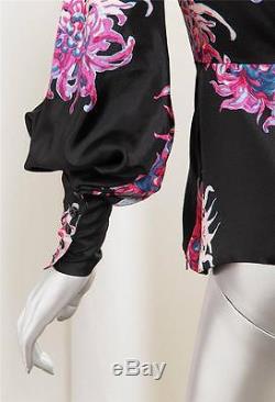 CAROLINA HERRERA Black Silk Floral Cowl Neck Long-Sleeve Peplum Top Blouse 2 NEW