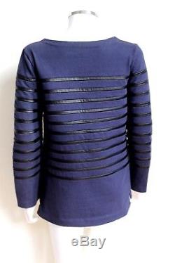 CELINE Navy-Blue & Black Leather Striped Long-Sleeve Shirt Top M