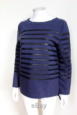 CELINE Navy-Blue & Black Leather Striped Long-Sleeve Shirt Top M