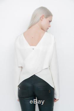 CELINE White Ivory Silk Crepe Long Sleeve Criss Cross Back Blouse Dress Top 36/4