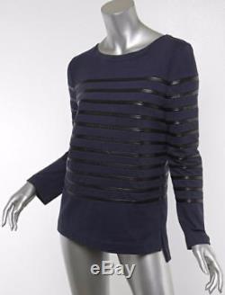 CELINE Womens Navy-Blue & Black Leather Striped Boatneck Long-Sleeve Shirt Top M
