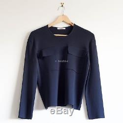 CELINE long sleeve knit top blue pockets round high neck minimalist classic XS