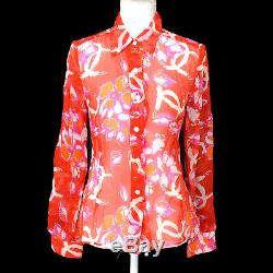 CHANEL 01S #36 Floral Front Opening Long Sleeve Tops Shirt Red Silk AK41347