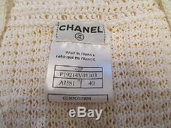 CHANEL 02P white crochet long sleeve rhinestone buttons knit top sweater sz 40