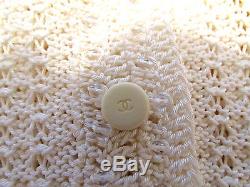 CHANEL 02P white crochet long sleeve rhinestone buttons knit top sweater sz 40