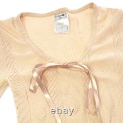 CHANEL 03A #34 Bow Charm CC Logos Button Long Sleeve Tops Beige Pink AK46196
