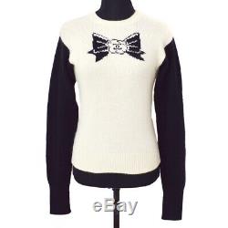 CHANEL 95A #42 CC Bow Charm Long Sleeve Knit Tops Black Ivory Authentic AK42698
