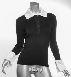 CHANEL Black Cotton Knit White Collar Long Sleeve LOGO Top Polo Sweater US6 FR38