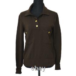 CHANEL CC Button Long Sleeve Knit Tops Shirt Brown Authentic 01743