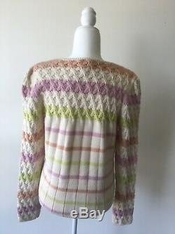 CHANEL Sweater Knit Top Ivory Pink Green Long Sleeve Cashmere Cotton 44 42