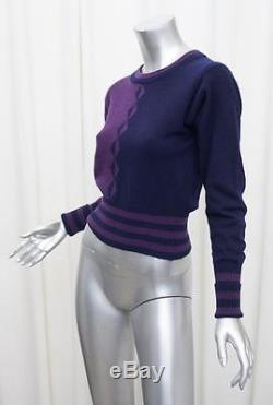 CHANEL Womens Navy+Purple Cashmere Striped Long-Sleeve Crewneck Sweater Top S