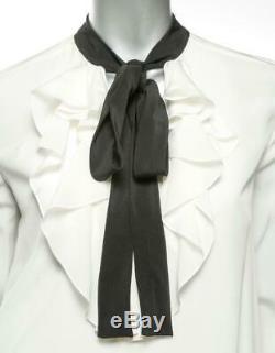 CHLOE Milk White Silk Long-Sleeve Ruffle Black-Bow Blouse Shirt Top FR36 US4 NEW