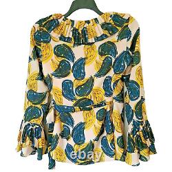 C/MEO COLLECTIVE Teal Yellow Paisley Pleated Ruffled Bell Sleeve Wrap Top M NWT