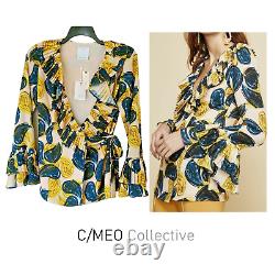 C/MEO COLLECTIVE Teal Yellow Paisley Pleated Ruffled Bell Sleeve Wrap Top M NWT