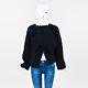 Celine Navy Wool Ribbed Knit Long Sleeve Knotted Crop Sweater Top Sz M