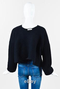 Celine Navy Wool Ribbed Knit Long Sleeve Knotted Crop Sweater Top SZ M