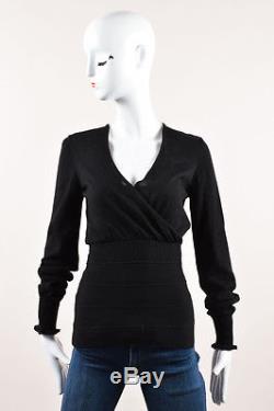 Chanel Black Cashmere Silk Blend Ribbed Wrap Front Long Sleeve Top SZ 36