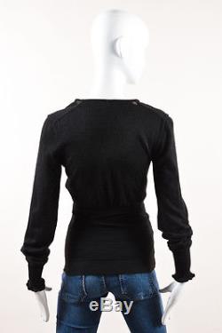 Chanel Black Cashmere Silk Blend Ribbed Wrap Front Long Sleeve Top SZ 36