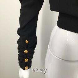 Chanel Boutique Womens Crop Top Black Long Sleeve Gold Buttons Surplice Wrap S