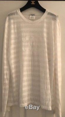 Chanel CC Logo White Tee Shirt Top Blouse Cotton Linen Long Sleeve Sz 42