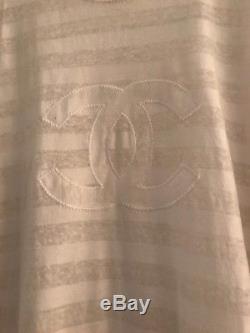 Chanel CC Logo White Tee Shirt Top Blouse Cotton Linen Long Sleeve Sz 42
