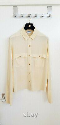 Chanel Ecru Ivory Silk Long Sleeve Gold Plated Clover Button Top Blouse Shirt