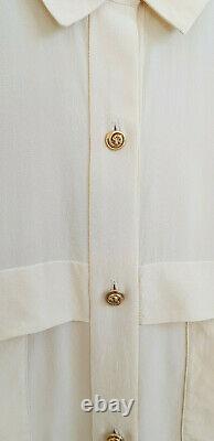 Chanel Ecru Ivory Silk Long Sleeve Gold Plated Clover Button Top Blouse Shirt