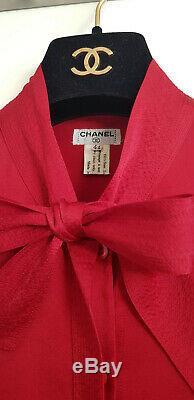Chanel Red Silk Long Sleeve Pussy Bow Cufflink Blouse Top