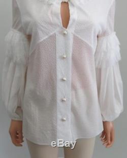 Chanel White Textured Cotton Lace Ruffle Long Sleeve Blouse/Top Size 38