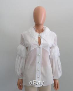 Chanel White Textured Cotton Lace Ruffle Long Sleeve Blouse/Top Size 38