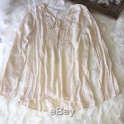 Charming Charlie Embroidered Long Sleeve Boho Peasant Beige Blouse Top Sz M