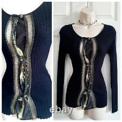 Class Roberto Cavalli Black Ribbed Long Sleeve Silk Wool Snake Print Top 10