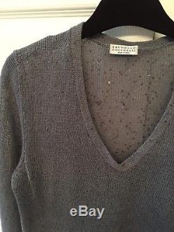 Cucinelli Blue Grey Sequined Linen Silk Long sleeve V-neck Sweater Top sz S