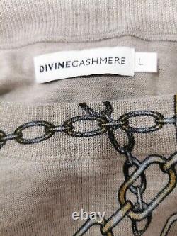 DIVINE CASHMERE mid brown chain print round neck 100% mernino wool jumper sz 14