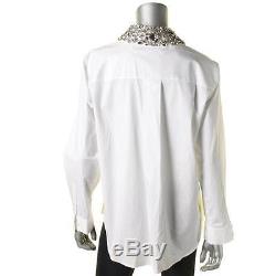 DKNY 6123 Womens White Embellished Long Sleeves Button-Down Top Shirt L BHFO