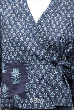 DOEN Navy Blue Floral Print Sheer Long Sleeves Open Front Wrap Top Blouse M