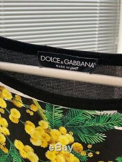 DOLCE & GABBANA Black Silk Yellow Floral Long Sleeve Boat Neck Top Size L