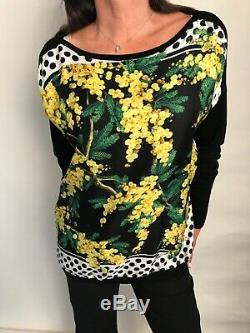 DOLCE & GABBANA Black Silk Yellow Floral Long Sleeve Boat Neck Top Size L