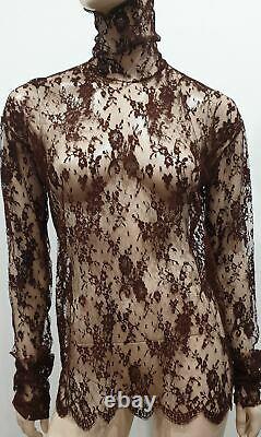DOLCE & GABBANA Chocolate Brown High Neck Long Sleeve Sheer Lace Blouse Top M/L