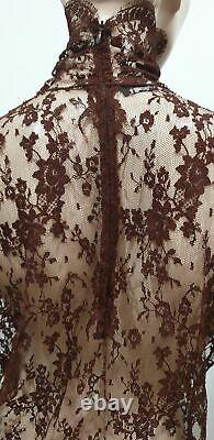 DOLCE & GABBANA Chocolate Brown High Neck Long Sleeve Sheer Lace Blouse Top M/L