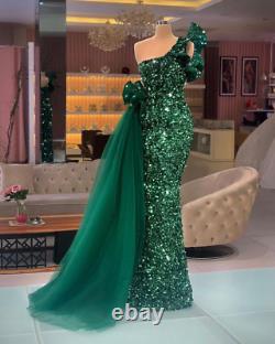 Dark Green Evening Dress One Shoulder Luxurious Sequined Velvet Floor Ball Gown