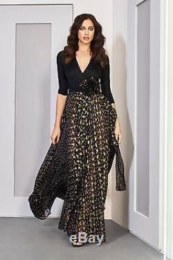 Diane Von Furstenberg Aviva Black Long Sleeve Top Full Skirt Gold Print New 12