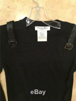 Dior Black Long Sleeve Cotton Top with Leather Straps Size French 38, U. S 6