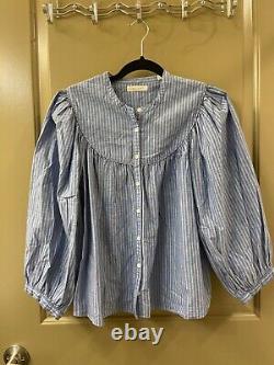 Doen cotton blue stripe balloon sleeve blouse top sz S (item A44)