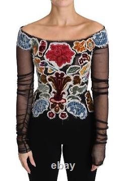 Dolce&Gabbana Top Black Floral Ricamo Applique Boat Neck Blouse Long Sleeve