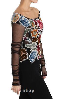 Dolce&Gabbana Top Black Floral Ricamo Applique Boat Neck Blouse Long Sleeve
